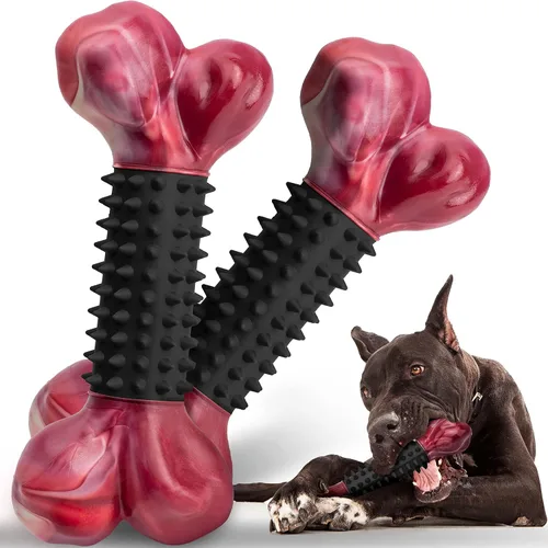 Vista 12 de Juguetes resistentes para perros masticadores agresivos de raza grande, hueso para masticar con sabor a tocino, juguete masticable de nailon y goma