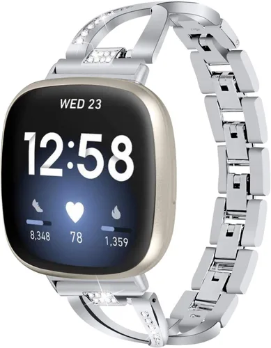 Vista 9 de FitTurn Compatible con Fitbit Versa 4/Sense 2/Versa 3/Sense Band para mujer, correa de repuesto de metal con diamantes de imitación de cristal