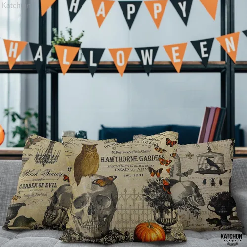 Vista 7 de KatchOn, Fundas de almohada vintage de Halloween de 18 x 18 pulgadas, paquete de 4 fundas de almohada de calavera Fundas de cojín de calabaza