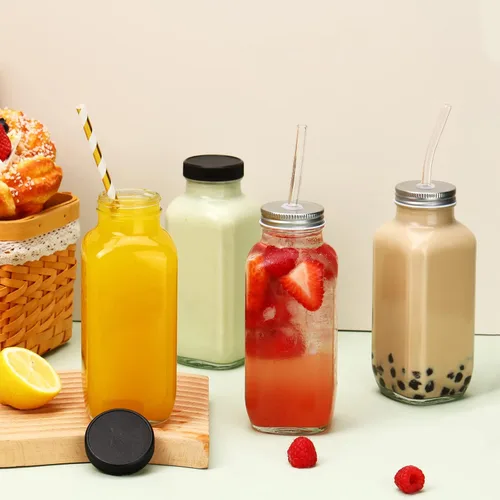 Vista 4 de CUCUMI 10 botellas de jugo de vidrio de 16 onzas con tapas, recipientes de jugo reutilizables, tarros de agua con cepillo, popotes de vidrio, tapas