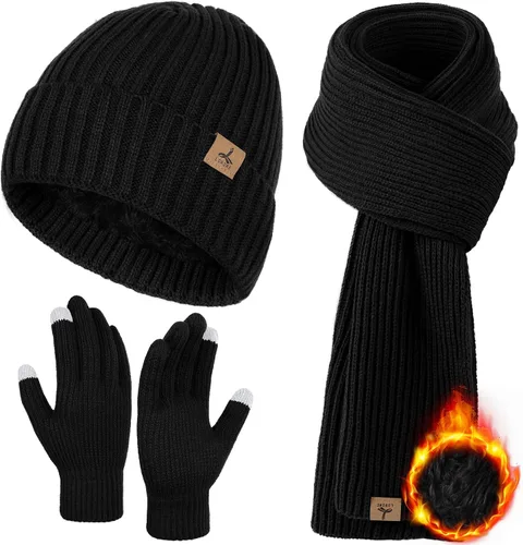 Vista 8 de Winter Hat Scarf Gloves Set, Knitted Ribbed Beanie Winter Gift Men Boys Mezcla gris y negro