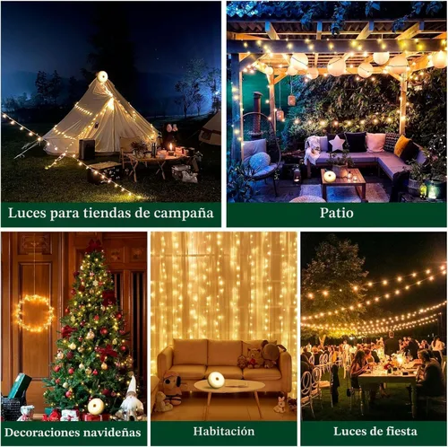Vista 7 de Cadena de luces de campamento de 33 pies, 100 LED, 4 en 1, recargable, 100 LED, para exteriores, con 14 modos de iluminación, control remoto, 1