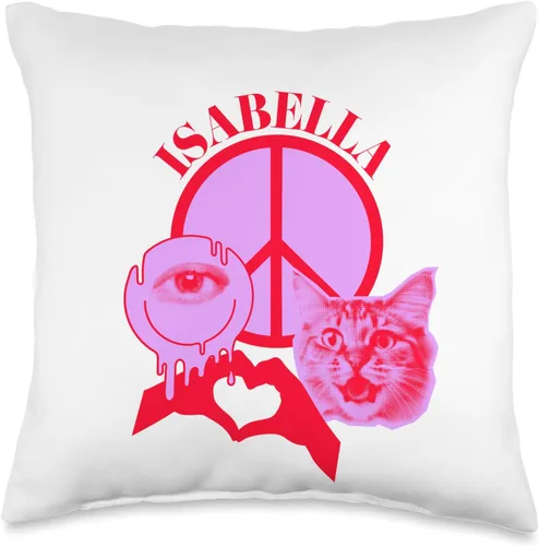 Vista 4 de Isabella Name Personalized Peace and Karma Co. Personalized Isabella First Name I Love Retro Cat Mom Throw Pillow, 18x18, Multicolor