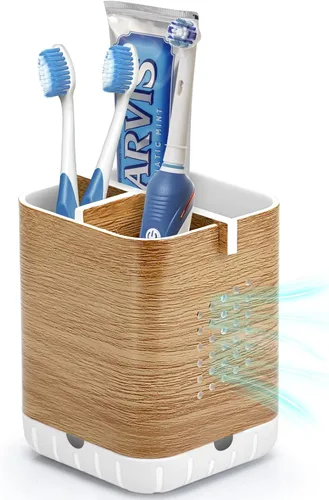 Vista 10 de Boperzi Portacepillos de dientes negros para baño, soporte eléctrico para cepillos de dientes con divisor de bambú, cepillo de dientes