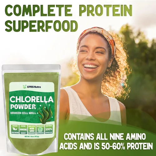 Vista 2 de XPRS Nutra Chlorella Powder - Polvo de clorofila de pared celular rota para inmunidad - Chlorella vegana amigable para proteínas completas (16 onzas)