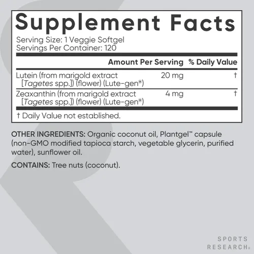 Vista 5 de Sports Research® Cápsulas de luteína y zeaxantina, suplemento de apoyo para la salud ocular hecho con Lute-Gen® y aceite de coco orgánico, apto