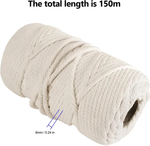 Vista 2 de FUNSUEI Cordón de macramé natural de 0.236 in x 500 pies, cuerda de algodón suave torcida de 4 hebras, cuerda de algodón de 1/4 de pulgada