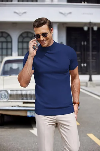 Vista 2 de COOFANDY Suéter de cuello alto falso para hombre, de manga corta, color sólido, básico, ajustado, de punto