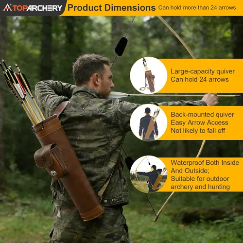 Vista 2 de TOPARCHERY - Aljaba Tradicional para Hombro y Espalda de Cuero con Bolso Grande, Correas Hechas a Mano, Marrón