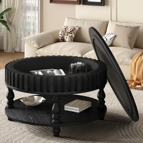 Vista 3 de Mesa de centro redonda de madera de 31.49 pulgadas con almacenamiento, mesa de centro circular acanalada de 2 niveles con tapa y estante para sala