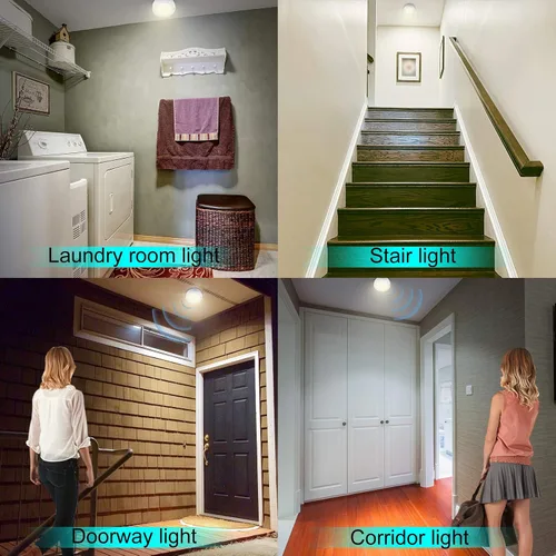 Vista 4 de Luz con sensor de movimiento, luz de techo alimentada por batería, luz superior para interiores, sensor de movimiento inalámbrico, iluminación LED