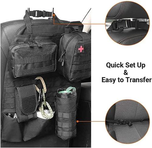 Vista 7 de Organizador de respaldo de asiento Molle 1000D mejorado con bolsas, panel táctico Molle para asiento de automóvil, protector de asiento de asiento