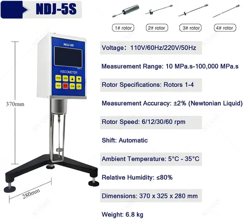 Vista 6 de Digital Rotary Viscometer for Accurate Viscosity Measurement, LCD Display with 4 Rotors, for Testing Paints, Adhesives, Cosmetics, and Greases NDJ-5S