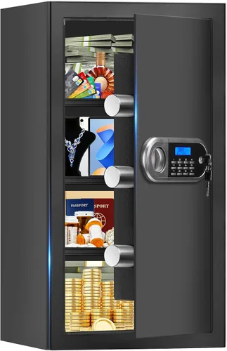 Vista 10 de Caja fuerte pequeña para uso doméstico, caja de seguridad digital con cerradura de combinación, estante extraíble y llaves de repuesto, caja fuerte