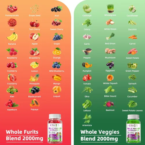Vista 8 de Gomitas de frutas y verduras sin azúcar, súper verduras con 23 frutas y 25 verduras, minerales multivitamínicos y fibra, suplemento vegano de frutas