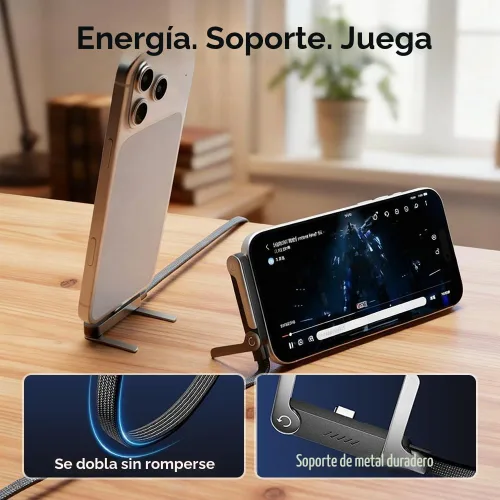 Vista 4 de Cable de carga rápida trenzado de 240 W con soporte para teléfono integrado, cable de carga USB-C a USB-C duradero en forma de T 2026, cable