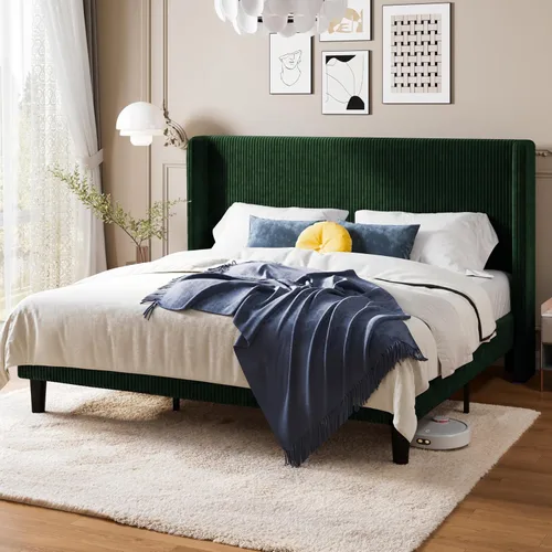 Vista 22 de Allewie Marco de cama tamaño completo con cabecera tapizada tipo wingback, cama plataforma de terciopelo de pana con capitoné de canales verticales