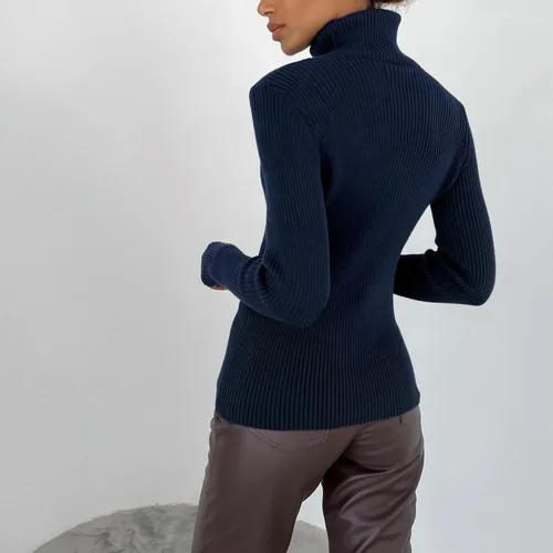 Vista 4 de Suéteres de punto de cuello alto para mujer, camisas básicas casuales de manga larga, ajustadas, ropa interior térmica, suéter de canalé suave