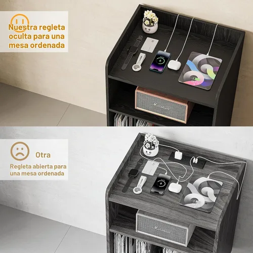 Vista 3 de Soporte para tocadiscos, plataforma giratoria con almacenamiento de discos y estación de carga y puertos USB, mesa para tocadiscos con divisor