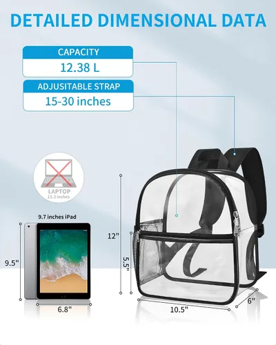 Vista 2 de Mini mochila transparente aprobada para estadios con correa ajustable, impermeable, transparente, PVC para trabajo, viajes, conciertos, playa