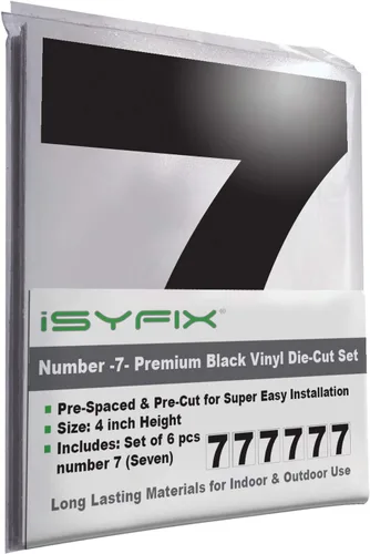 Vista 52 de iSYFIX Calcomanías de vinilo negro con el número 7 (siete), paquete de 6 calcomanías autoadhesivas de 7 pulgadas, calcomanías troqueladas y Negro