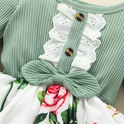 Vista 5 de Baby Girls Floral Dresses Headband Outfits Splice Floral Rib Ruffle Bow Princess Dress Long Sleeve Skirts Set Toddler Kids