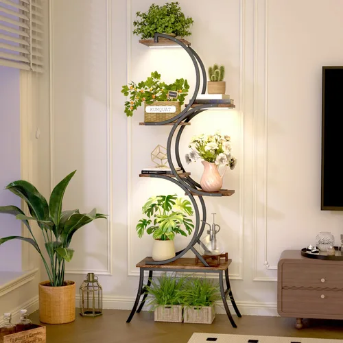 Vista 6 de Soporte para plantas de interior con luces de cultivo de 63 pulgadas, macetas grandes y altas de 6 niveles, estante de metal para flores, estante
