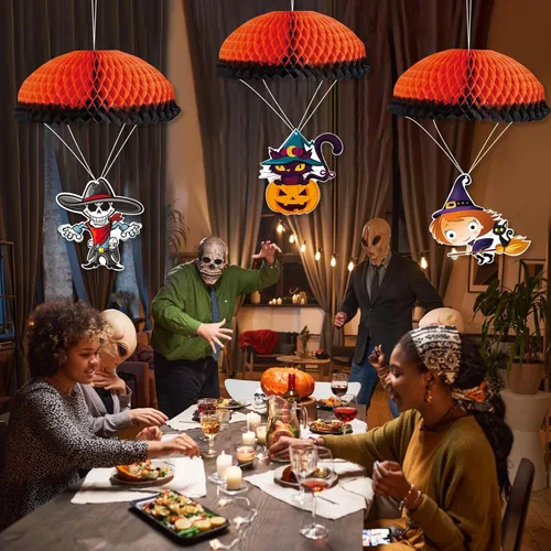 Vista 7 de Adornos colgantes de Halloween para exteriores, adornos colgantes grandes de Halloween para árbol, 3 adornos de bola de panal de abeja de Halloween