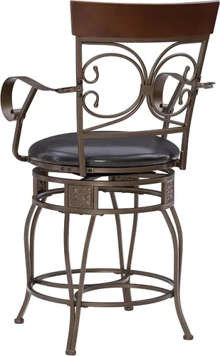 Vista 14 de Powell Dayne - Taburete grande y alto de 24 asientos con brazos en metal de bronce oscuro con asiento acolchado de piel sintética marrón oscuro