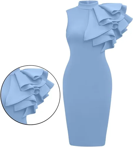 Vista 2 de XXTAXN - Vestido de cóctel entallado, formal, sin mangas y con volados para mujer, vestido de tubo por debajo de la rodilla
