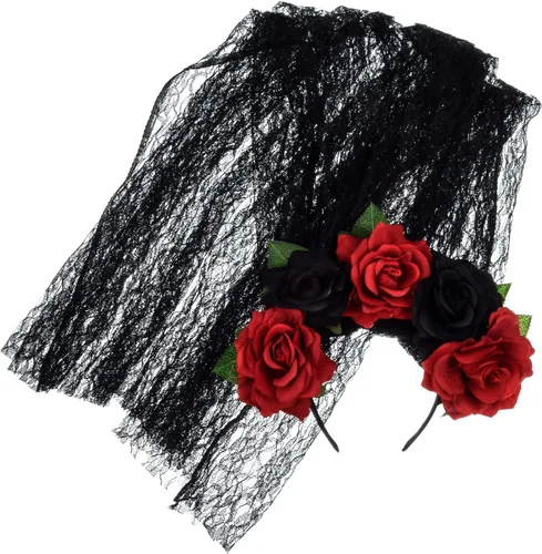 Vista 2 de Tocado del Día de los Muertos, corona floral de rosa, velo de encaje, accesorio para disfraz de Halloween