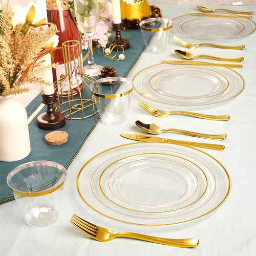 Vista 7 de FOCUSLINE Platos pequeños de plástico transparente dorado de 7 pulgadas, 100 unidades, platos transparentes desechables resistentes con borde