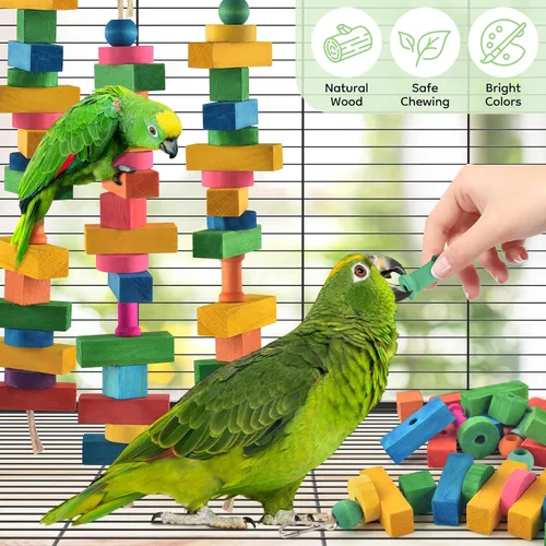 Vista 6 de DBNESS Juguetes para pájaros para loros, 165 piezas de juguete colorido para masticar, multiforma, bloques de madera, manualidades, pájaros, jaula