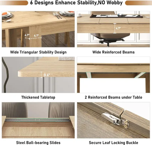 Vista 4 de Mesa de comedor extensible de 59 a 86 pulgadas para 6 a 8 personas, mesa de comedor de madera, moderna mesa extensible para reuniones, reuniones
