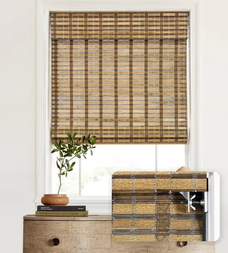 Vista 31 de LazBlinds - Cortinas romanas de bambú personalizadas sin cordón, tratamiento de ventana con filtro de luz, persianas enrollables de bambú retro