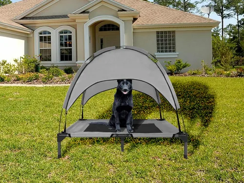 Vista 6 de Cama elevada para perros de 35 pulgadas con toldo extraíble, tamaño mediano, color gris Impermeable, transpirable, para camping, playa, patio