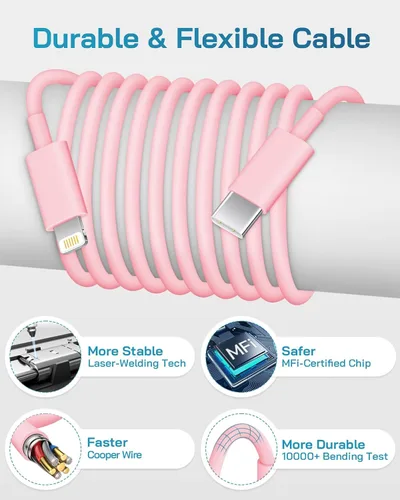Vista 3 de CXX 20W Fast Charger for iPhone 14/13/12 [3-Pack, MFi Certified] Light Pink