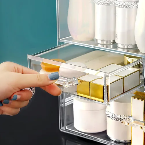Vista 7 de Organizador de maquillaje acrílico grande transparente con tapa, cajones de almacenamiento de cosméticos, organizadores de maquillaje portátiles