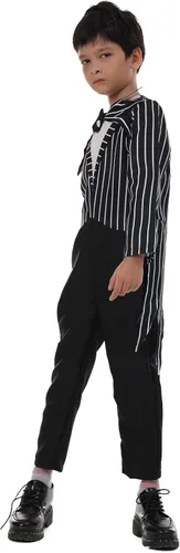 Vista 4 de Disfraz de Jack Skellington para niños, overol de esqueleto Skellington con máscara, disfraces de Halloween, accesorios de cosplay