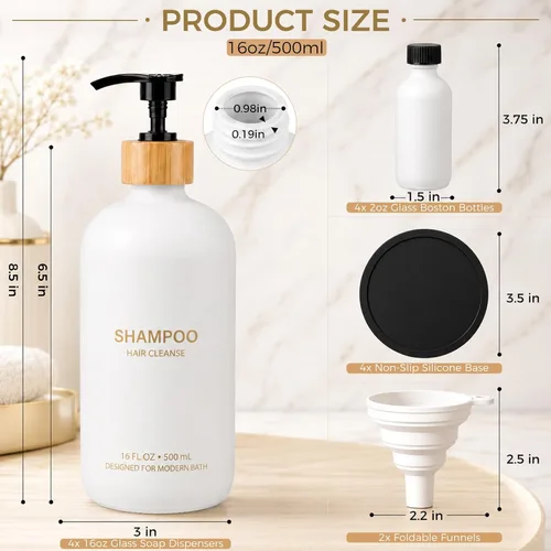 Vista 2 de TBWIND Juego de 4 dispensadores de champú y acondicionador de vidrio blanco