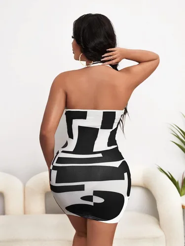Vista 2 de WDIRARA Minivestido ajustado de punto acanalado sin mangas con estampado geométrico para mujer