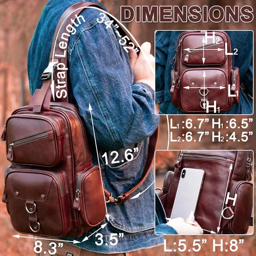 Vista 5 de Bolso bandolera de cuero genuino para hombre, bolso cruzado grande, bolso de hombro casual, mochila antirrobo, bolsa de viaje en el pecho