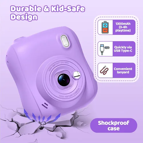 Vista 4 de Cámara de impresión instantánea para niños, regalos de Navidad y cumpleaños para niños y niñas de 3 4 5 6 7 8 9 10 11 12 años, cámaras de Púrpura