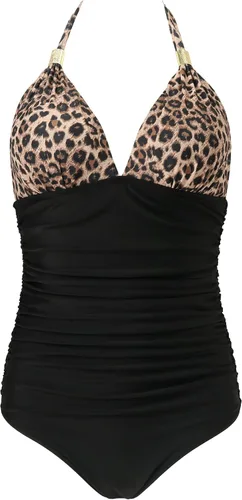Vista 2 de RXRXCOCO - Traje de baño fruncido de una pieza, con cuello en V, para mujer, con control de abdomen y cuello halter