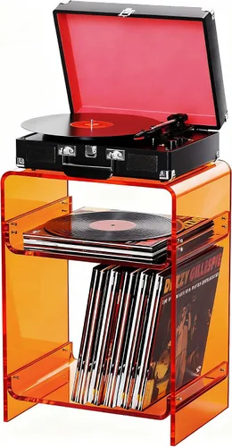 Vista 12 de Mesa de tocadiscos de acrílico con estante de almacenamiento, mesa auxiliar transparente mesita de noche (negro, mediano)