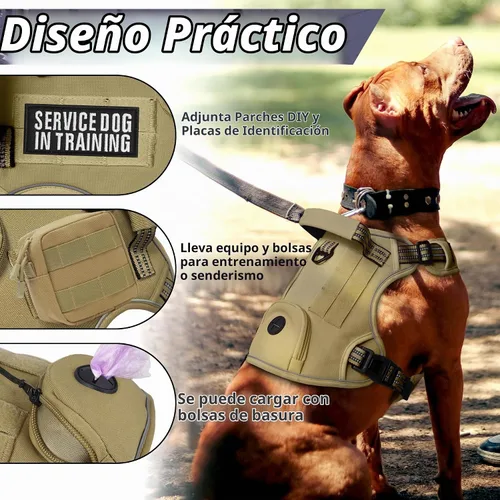 Vista 3 de Arnés táctico para perros grandes, chaleco de servicio militar resistente sin tirones con asa de control y 4 parches, arnés ajustable reflectante