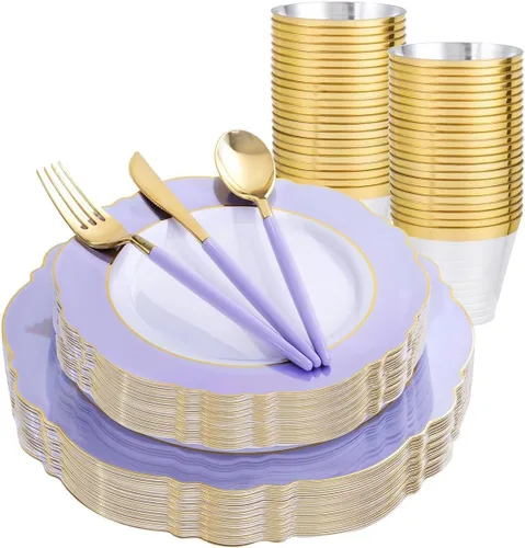Vista 19 de WDF 30 Invitados - Platos de plástico negro y dorado, platos de Año Nuevo, cubiertos de plástico dorado con mango negro, vajilla desechable barroca