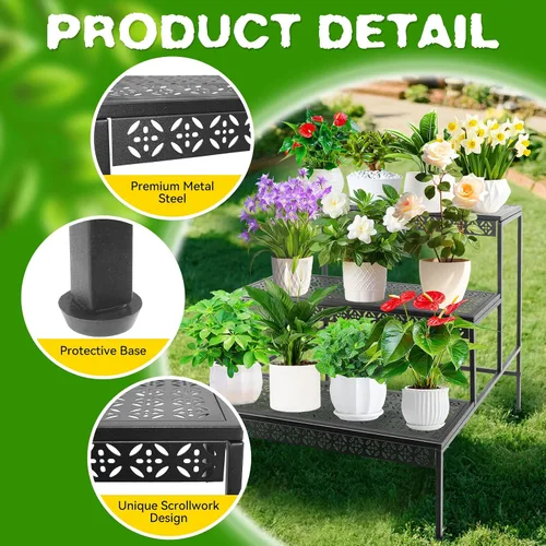 Vista 3 de Soporte de metal para plantas de 3 niveles, soporte para macetas de flores, soporte para plantas escalonadas, organizador de almacenamiento al aire
