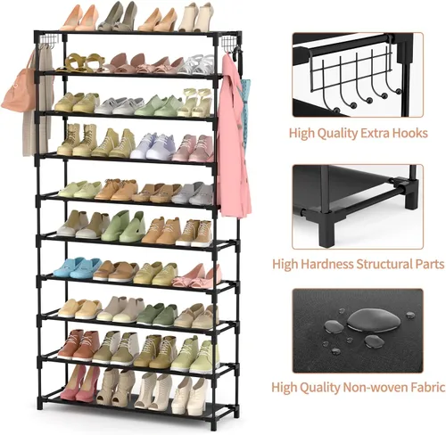Vista 4 de LANTEFUL Zapatero de 10 niveles, 50 pares, organizador de zapatos alto de gran capacidad, almacenamiento de zapatos resistente con dos ganchos