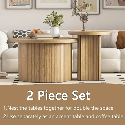 Vista 7 de Mxtxmy Juego de 2 Mesas de Café Anidadas de Estilo Granja, Mesa de Café Redonda para Sala de Estar, Juego de Mesas de Café con Acabado de Madera